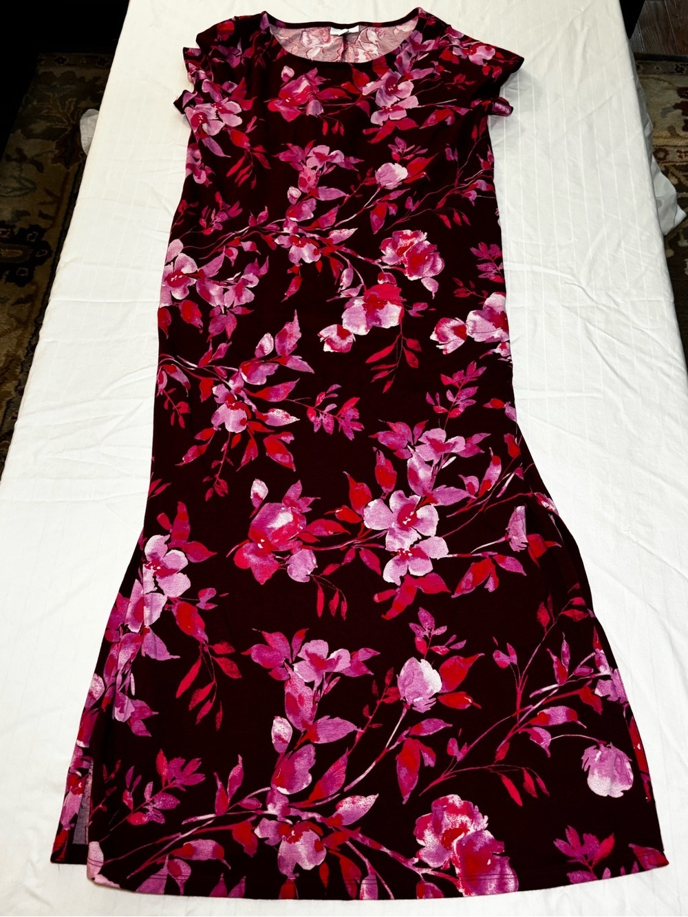 J. Jill Burgundy Midi Dress with Pink Floral Print Small petite